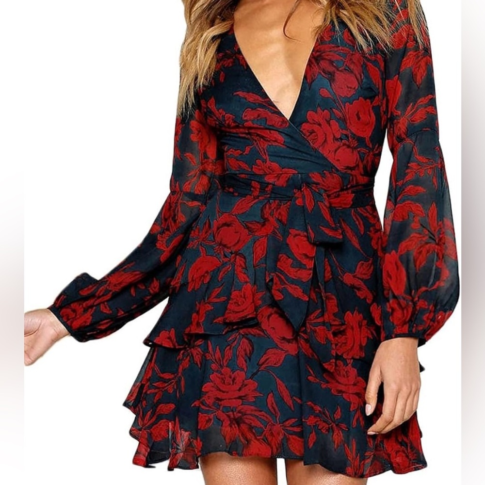 Women Long Sleeve V Neck Dress, Floral Mini Cocktail Party Wedding Guest size L